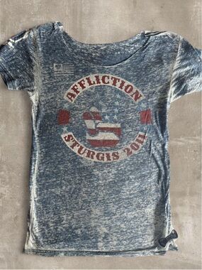 Affliction Blue Faded Graphic Tee with Red & Cream Sturgis Logo
